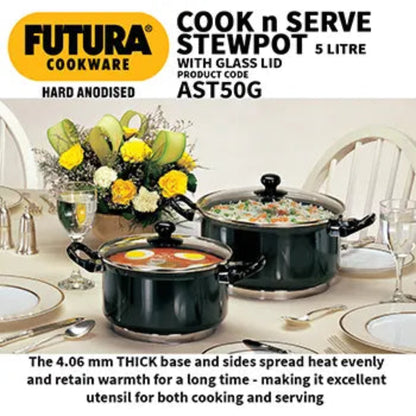 Futura By Hawkins Hard Anodized Cook-n-Serve Stewpot 5 Litre with Glass Lid (4.06 mm Thick)