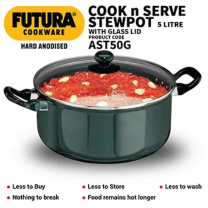 Futura By Hawkins Hard Anodized Cook-n-Serve Stewpot 5 Litre with Glass Lid (4.06 mm Thick)