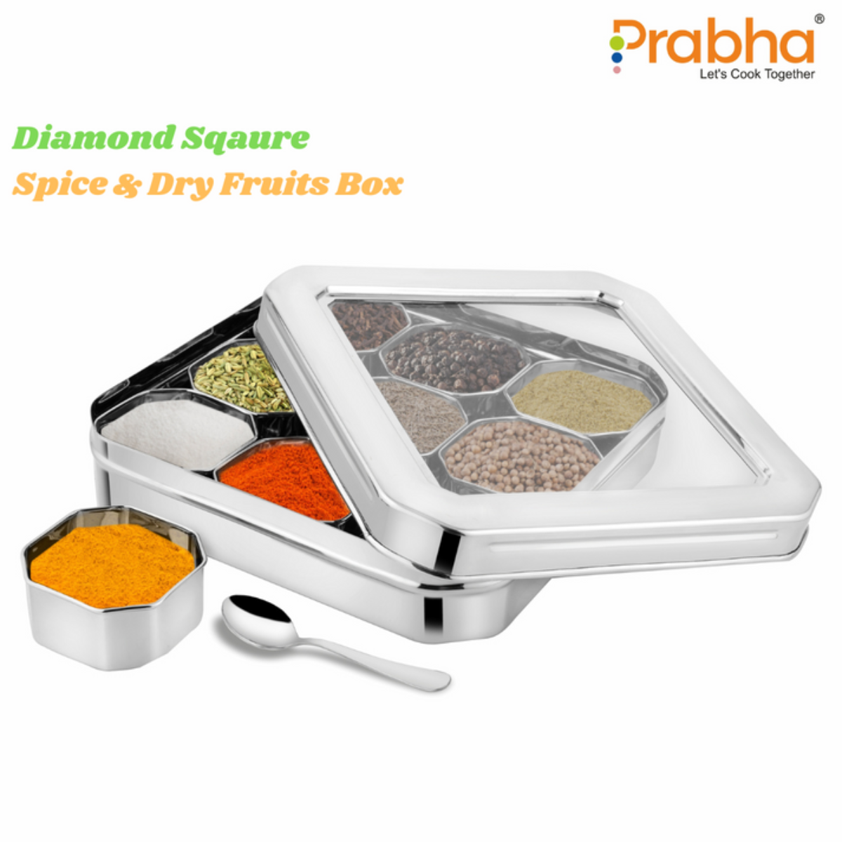 Prabha Stainless Steel Diamond Sqaure, Spice & Dry Fruits Container With See Through Glass Lid