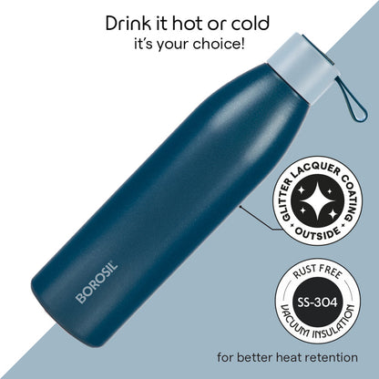 Borosil Duomate Vacuum Insulated Stainless Steel Blue Bottle