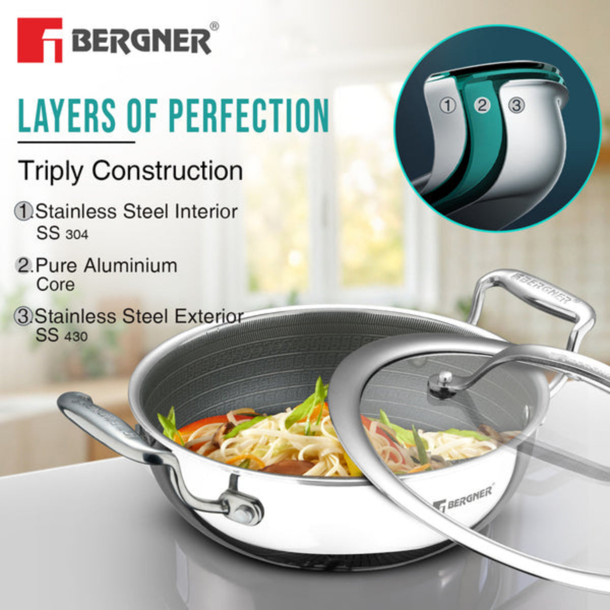 Bergner Hi-Tech Giro X Ceramic Kadai | Induction Bottom
