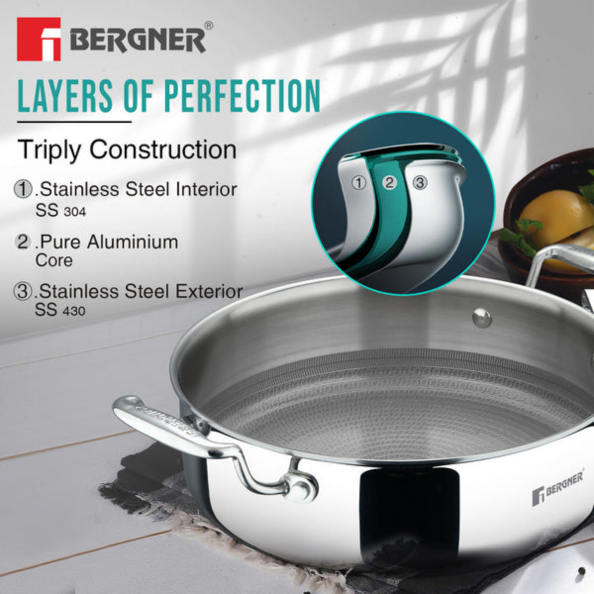 Bergner Hi-Tech Giro x Triply with Honeycomb Ceramic Coating Serving Pan | Induction Bottom