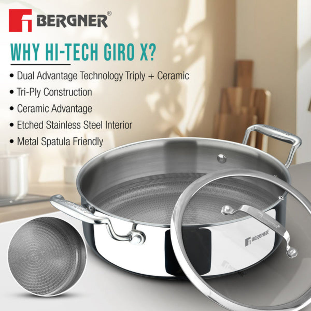 Bergner Hi-Tech Giro x Triply with Honeycomb Ceramic Coating Serving Pan | Induction Bottom