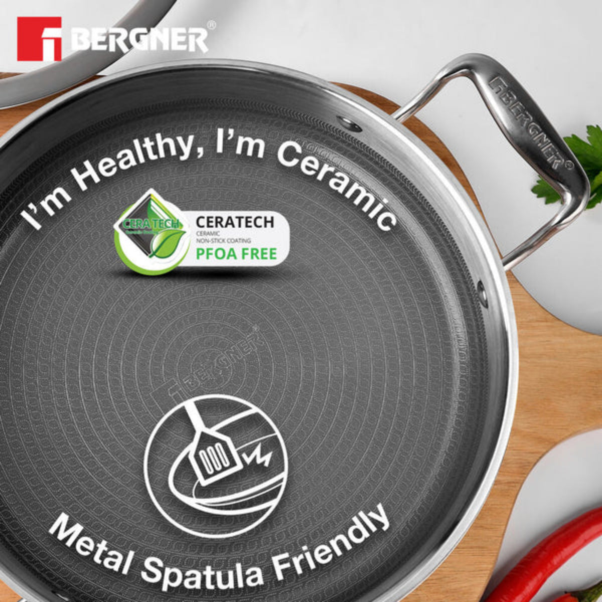 Bergner Hi-Tech Giro x Triply with Honeycomb Ceramic Coating Serving Pan | Induction Bottom