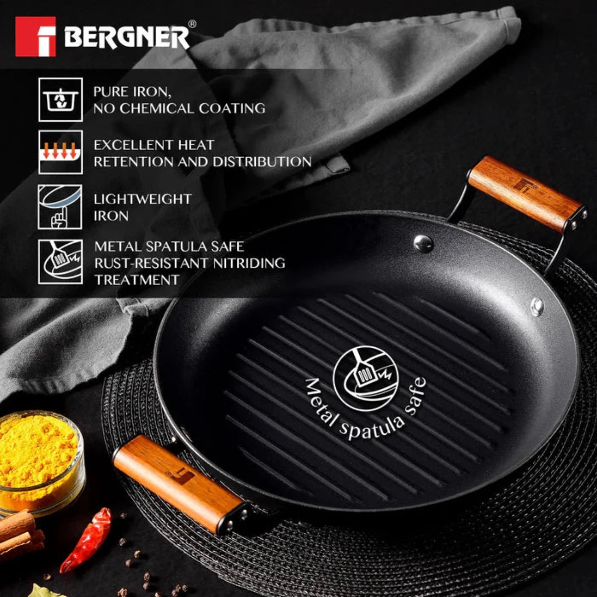Bergner Odin 28 cm Cast Iron Round Grill Plate with Wooden Coated Handle (Induction Base)