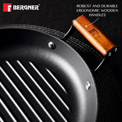 Bergner Odin 28 cm Cast Iron Round Grill Plate with Wooden Coated Handle (Induction Base)