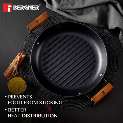 Bergner Odin 28 cm Cast Iron Round Grill Plate with Wooden Coated Handle (Induction Base)