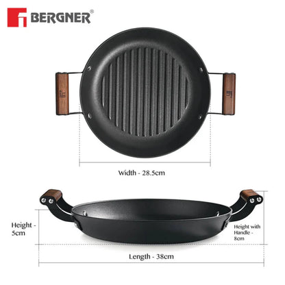 Bergner Odin 28 cm Cast Iron Round Grill Plate with Wooden Coated Handle (Induction Base)