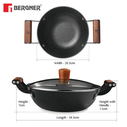 Bergner Odin 28 cm Cast Iron Kadai with Glass Lid, 3.3L Capacity Enamel Finish (Induction Base)