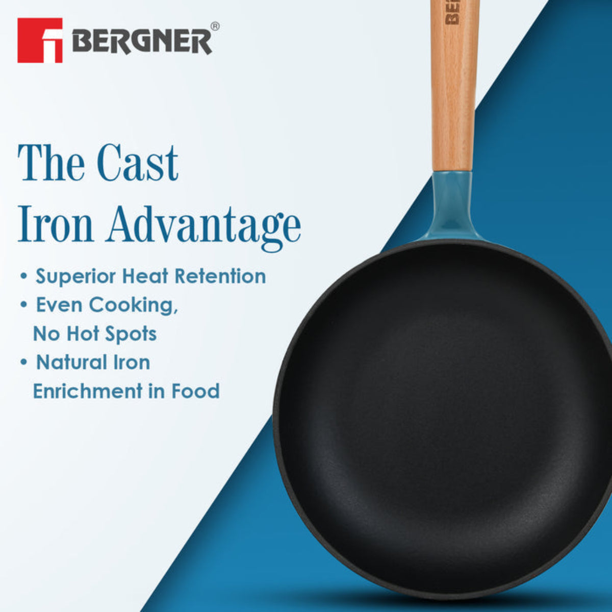 Bergner Excalibur Light Cast Iron Frypan Induction Bottom, Blue