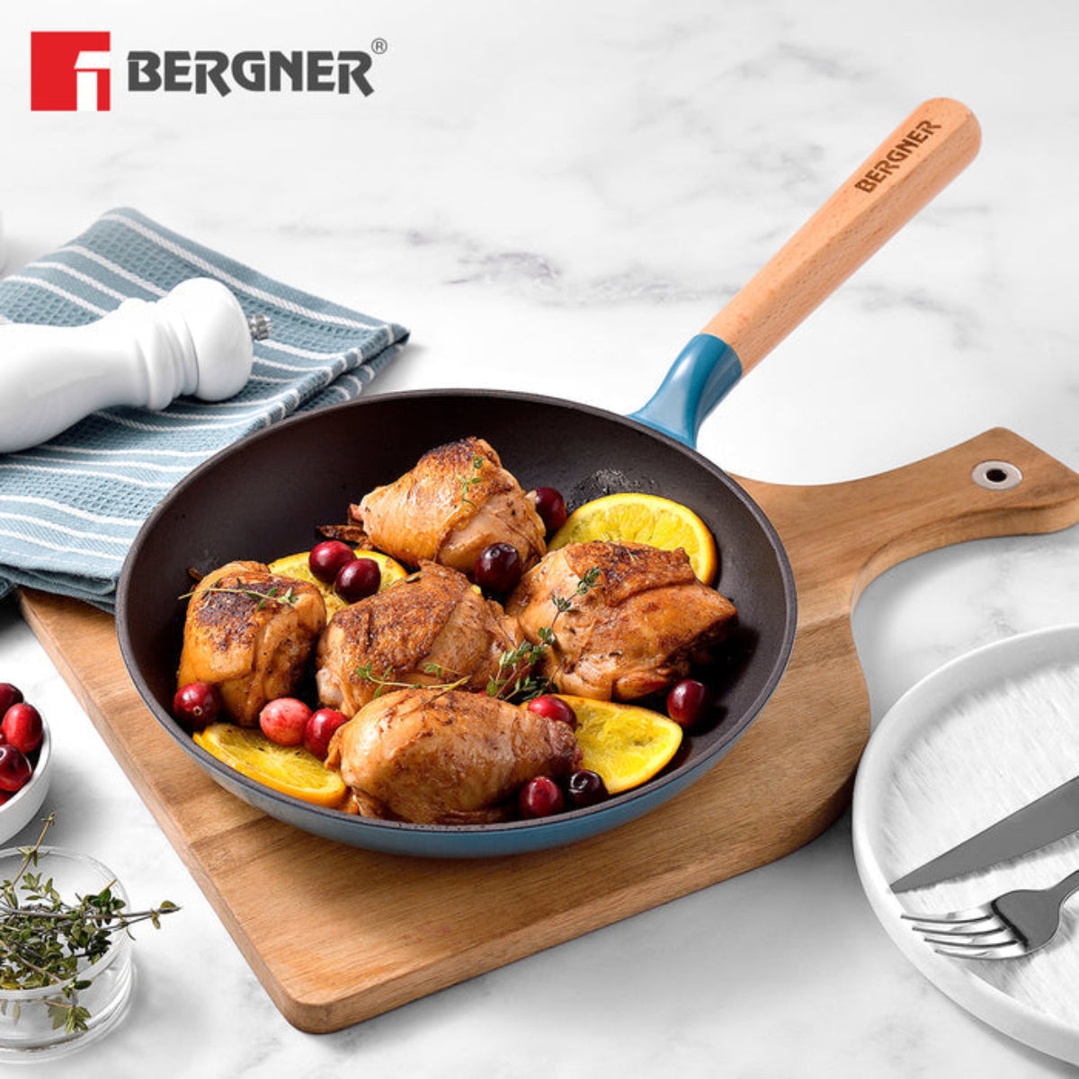 Bergner Excalibur Light Cast Iron Frypan Induction Bottom, Blue