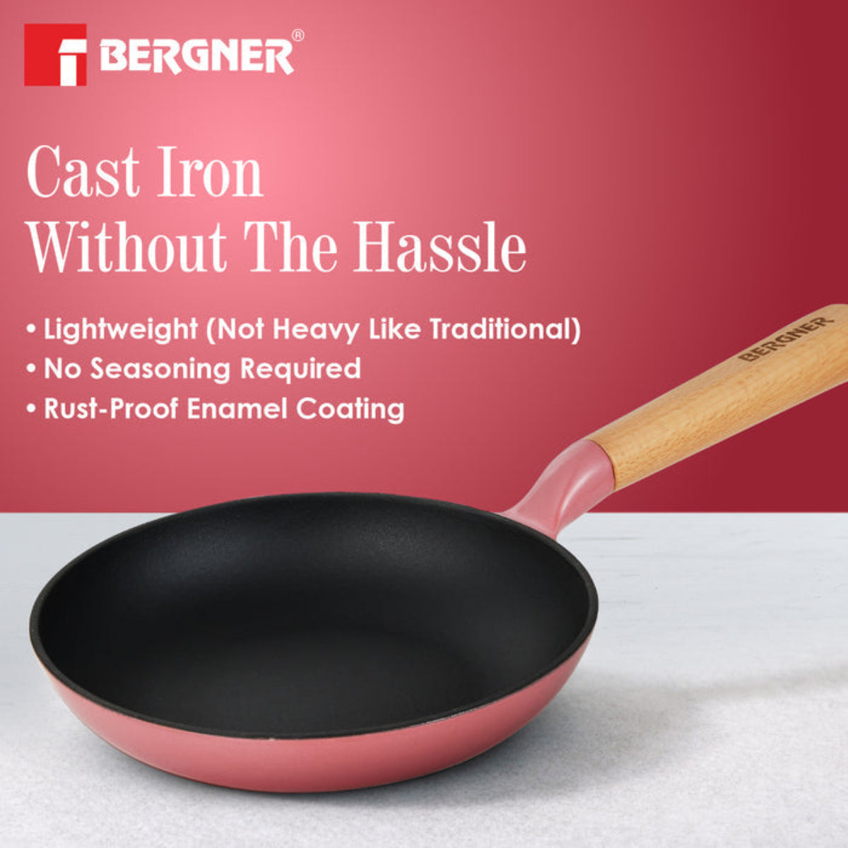 Bergner Excalibur Light Cast Iron Frypan Induction Bottom, Pink