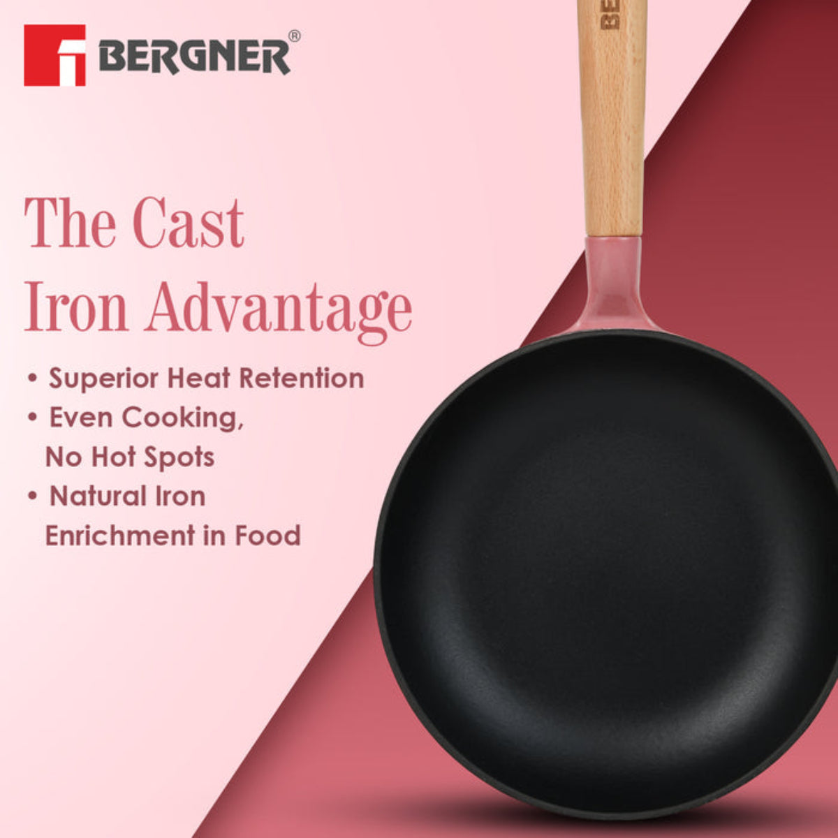 Bergner Excalibur Light Cast Iron Frypan Induction Bottom, Pink