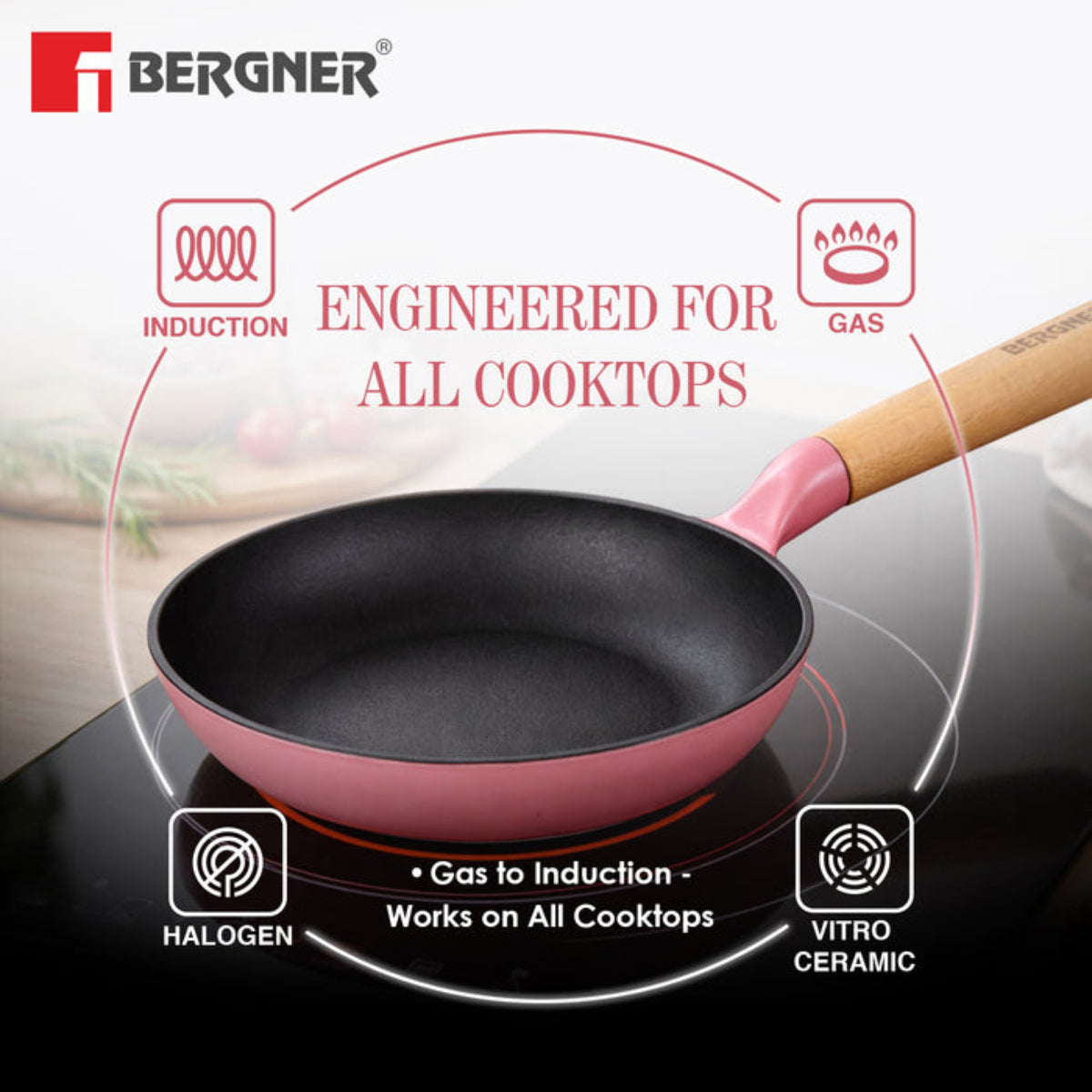 Bergner Excalibur Light Cast Iron Frypan Induction Bottom, Pink