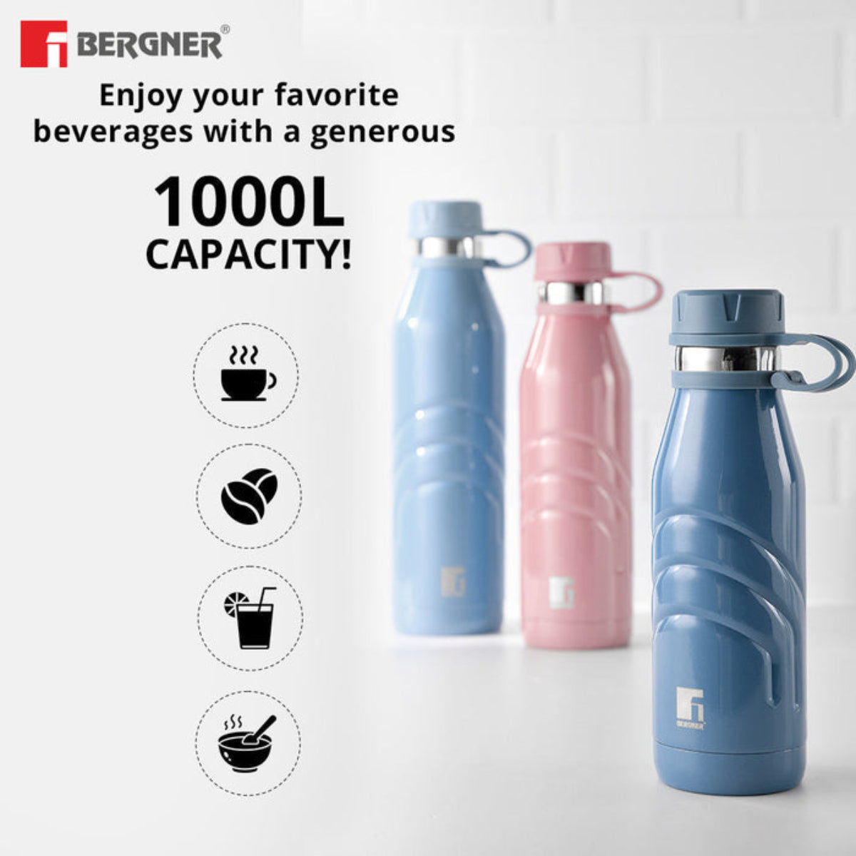 Bergner Walking AquaFlex Thermosteel Hot and Cold Bottle, 1000 ml Flask