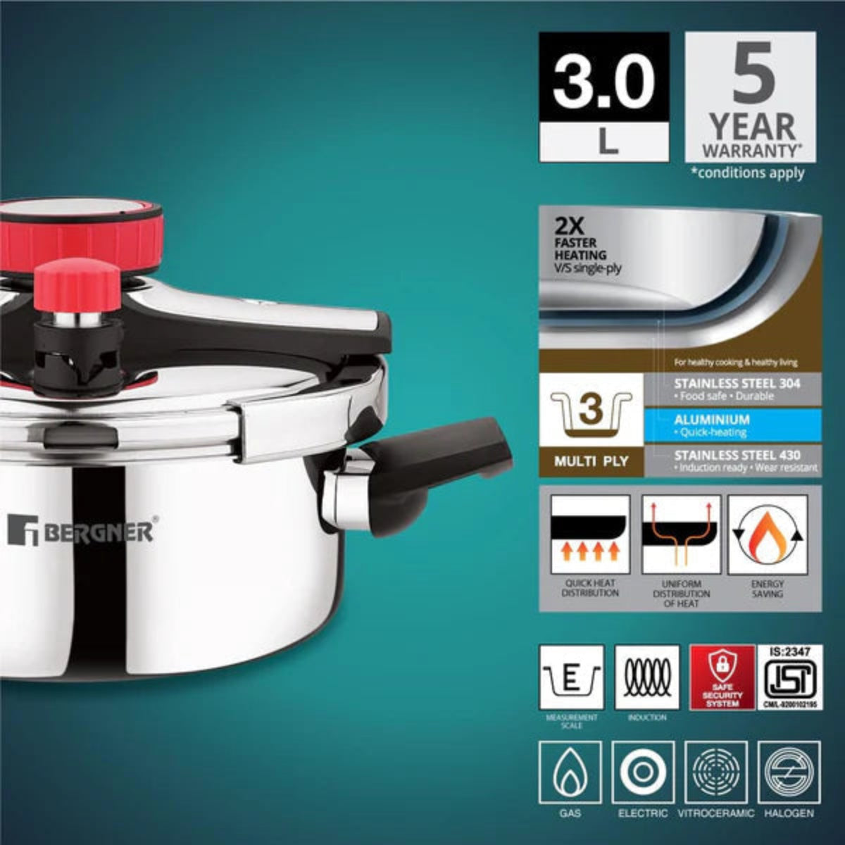 Bergner Capri Tri-Ply Pressure Cooker with Low and High Pressure Settings, Safety Lock
