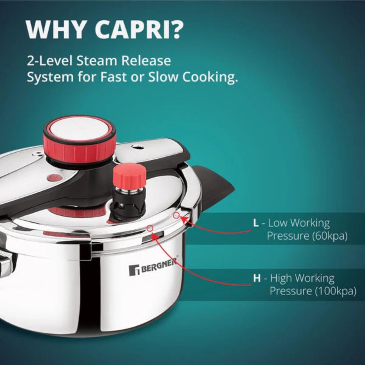 Bergner Capri Tri-Ply Pressure Cooker with Low and High Pressure Settings, Safety Lock