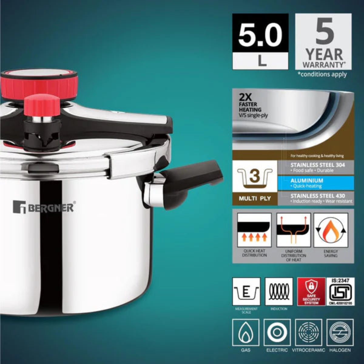 Bergner Capri Tri-Ply Pressure Cooker with Low and High Pressure Settings, Safety Lock BGIN-0620
