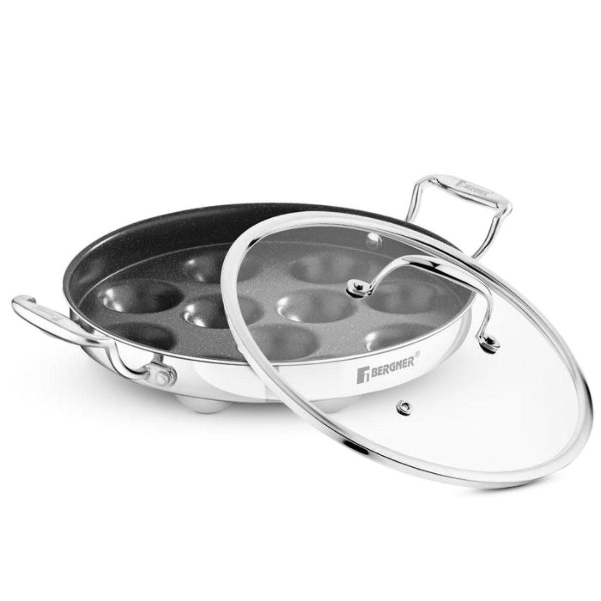 Bergner Argent Samsara Tri-Ply Stainless Steel Round Paniyarakkal with 11 Pits (25cm Diameter) - Induction Bottom