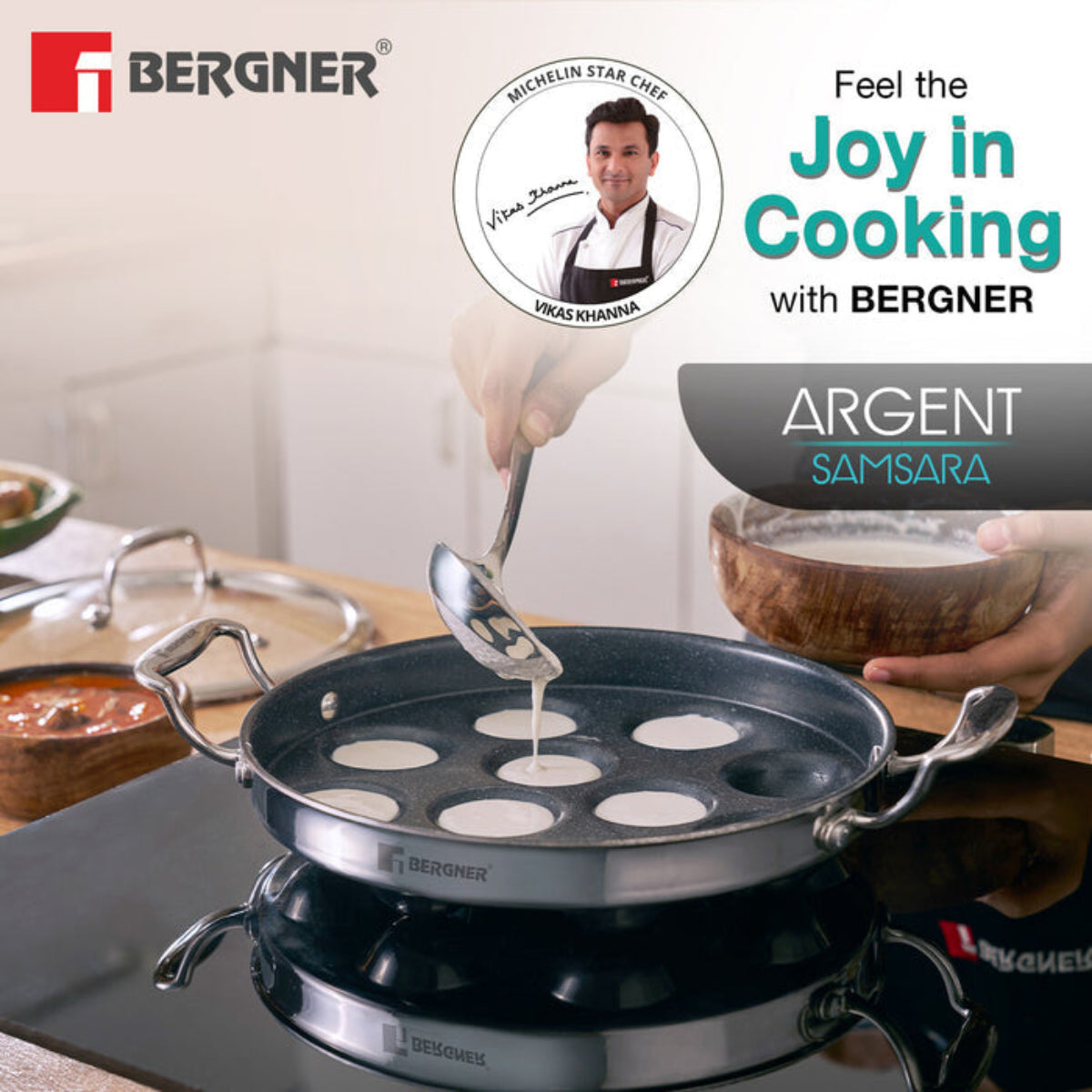 Bergner Argent Samsara Tri-Ply Stainless Steel Round Paniyarakkal with 11 Pits (25cm Diameter) - Induction Bottom