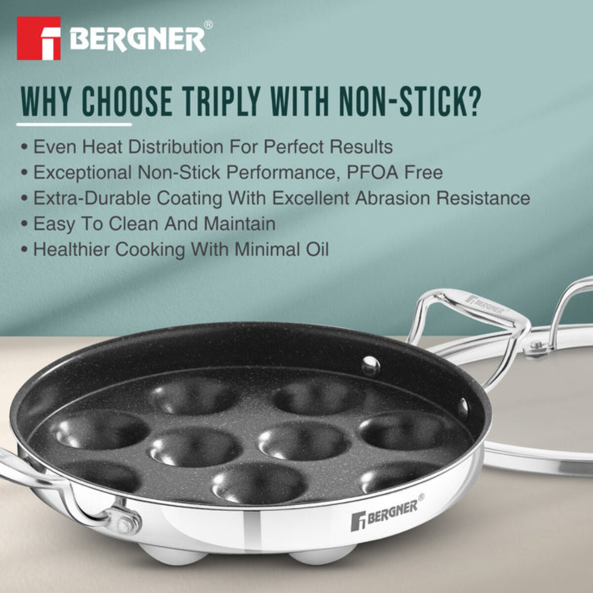 Bergner Argent Samsara Tri-Ply Stainless Steel Round Paniyarakkal with 11 Pits (25cm Diameter) - Induction Bottom
