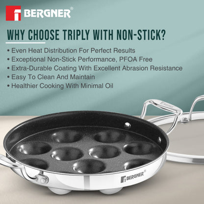 Bergner Argent Samsara Tri-Ply Stainless Steel Round Paniyarakkal with 11 Pits (25cm Diameter) - Induction Bottom