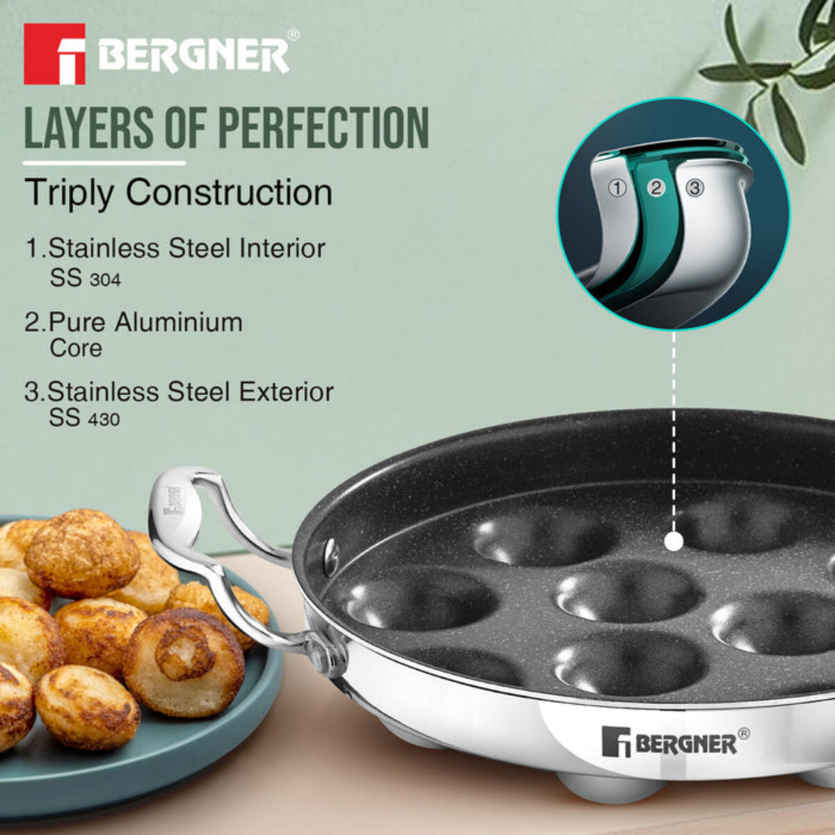 Bergner Argent Samsara Tri-Ply Stainless Steel Round Paniyarakkal with 11 Pits (25cm Diameter) - Induction Bottom