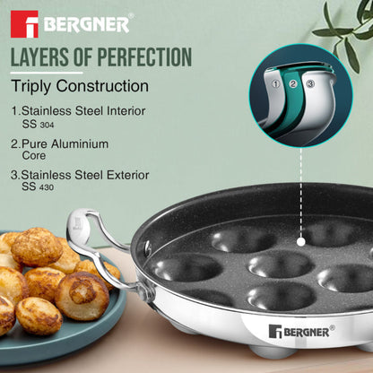Bergner Argent Samsara Tri-Ply Stainless Steel Round Paniyarakkal with 11 Pits (25cm Diameter) - Induction Bottom