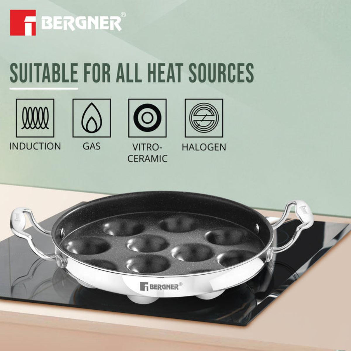 Bergner Argent Samsara Tri-Ply Stainless Steel Round Paniyarakkal with 11 Pits (25cm Diameter) - Induction Bottom