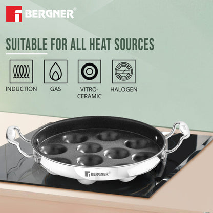 Bergner Argent Samsara Tri-Ply Stainless Steel Round Paniyarakkal with 11 Pits (25cm Diameter) - Induction Bottom