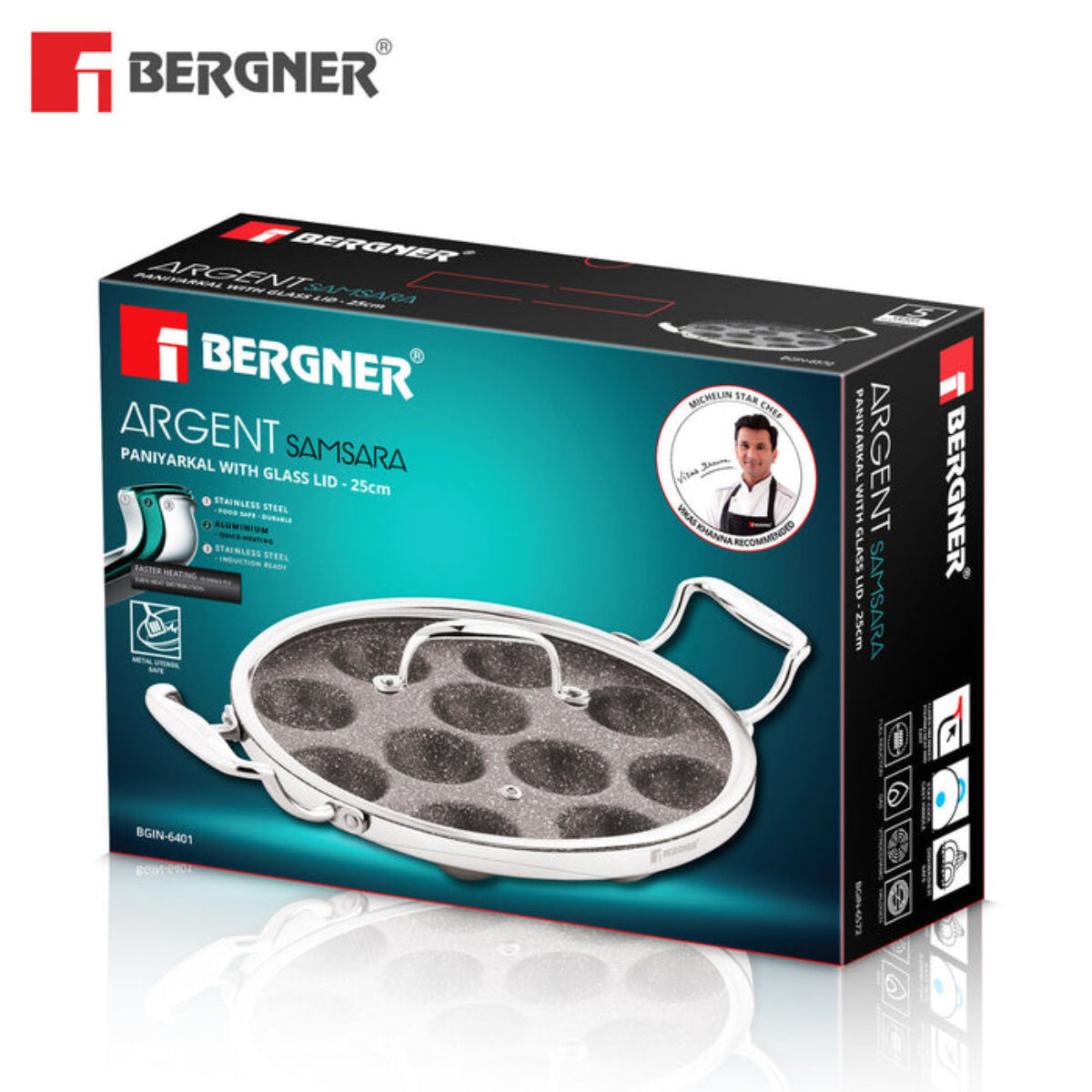 Bergner Argent Samsara Tri-Ply Stainless Steel Round Paniyarakkal with 11 Pits (25cm Diameter) - Induction Bottom