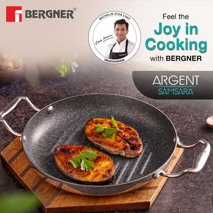 Bergner Argent Samsara Tri-Ply Stainless Steel 26cm Round Grill Pan - Induction Bottom