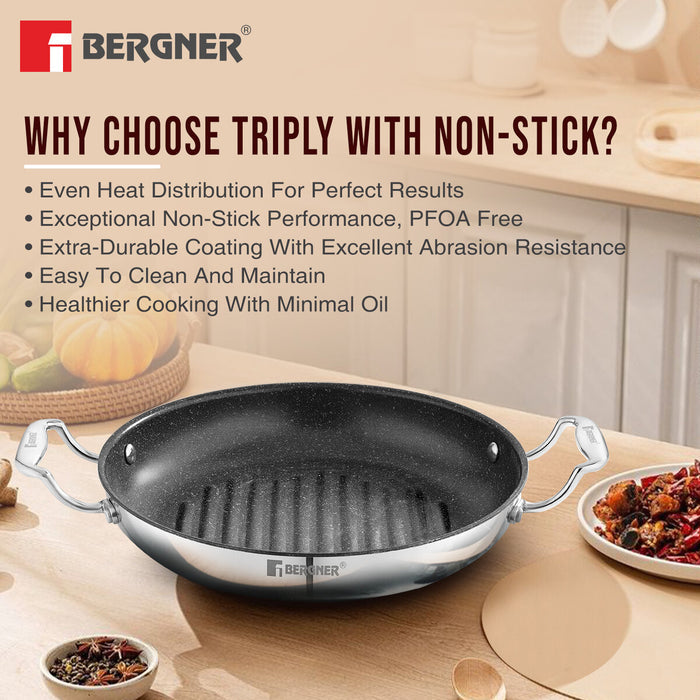 Bergner Argent Samsara Tri-Ply Stainless Steel 26cm Round Grill Pan - Induction Bottom