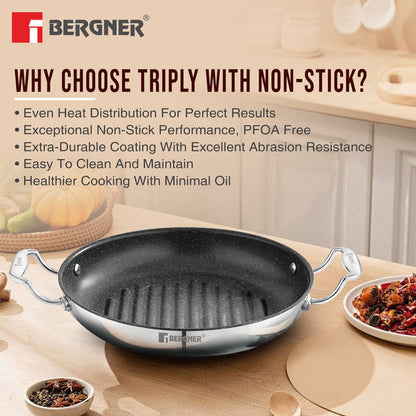 Bergner Argent Samsara Tri-Ply Stainless Steel 26cm Round Grill Pan - Induction Bottom