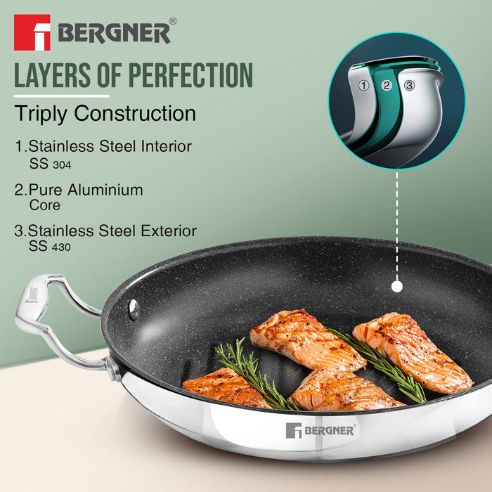 Bergner Argent Samsara Tri-Ply Stainless Steel 26cm Round Grill Pan - Induction Bottom
