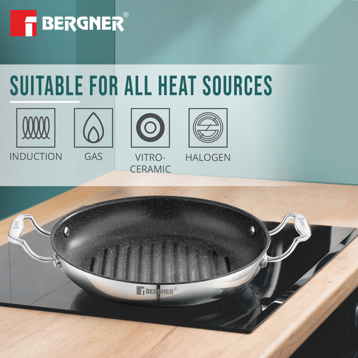 Bergner Argent Samsara Tri-Ply Stainless Steel 26cm Round Grill Pan - Induction Bottom