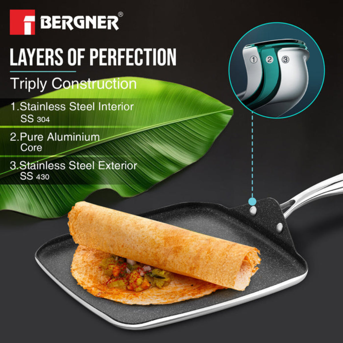 Bergner Argent Samsara Tri-Ply Stainless Steel 27cm Square Multi Tawa - Induction Bottom