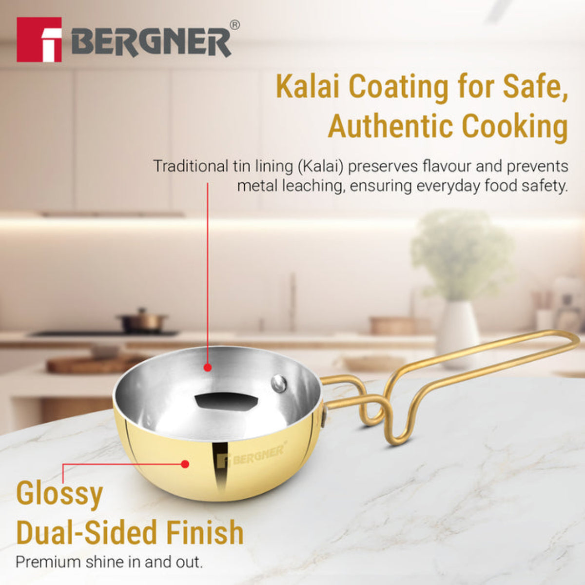Bergner Peetlam 12cm Tadka Pan, Traditional Brass Tin (Kalai) Coated