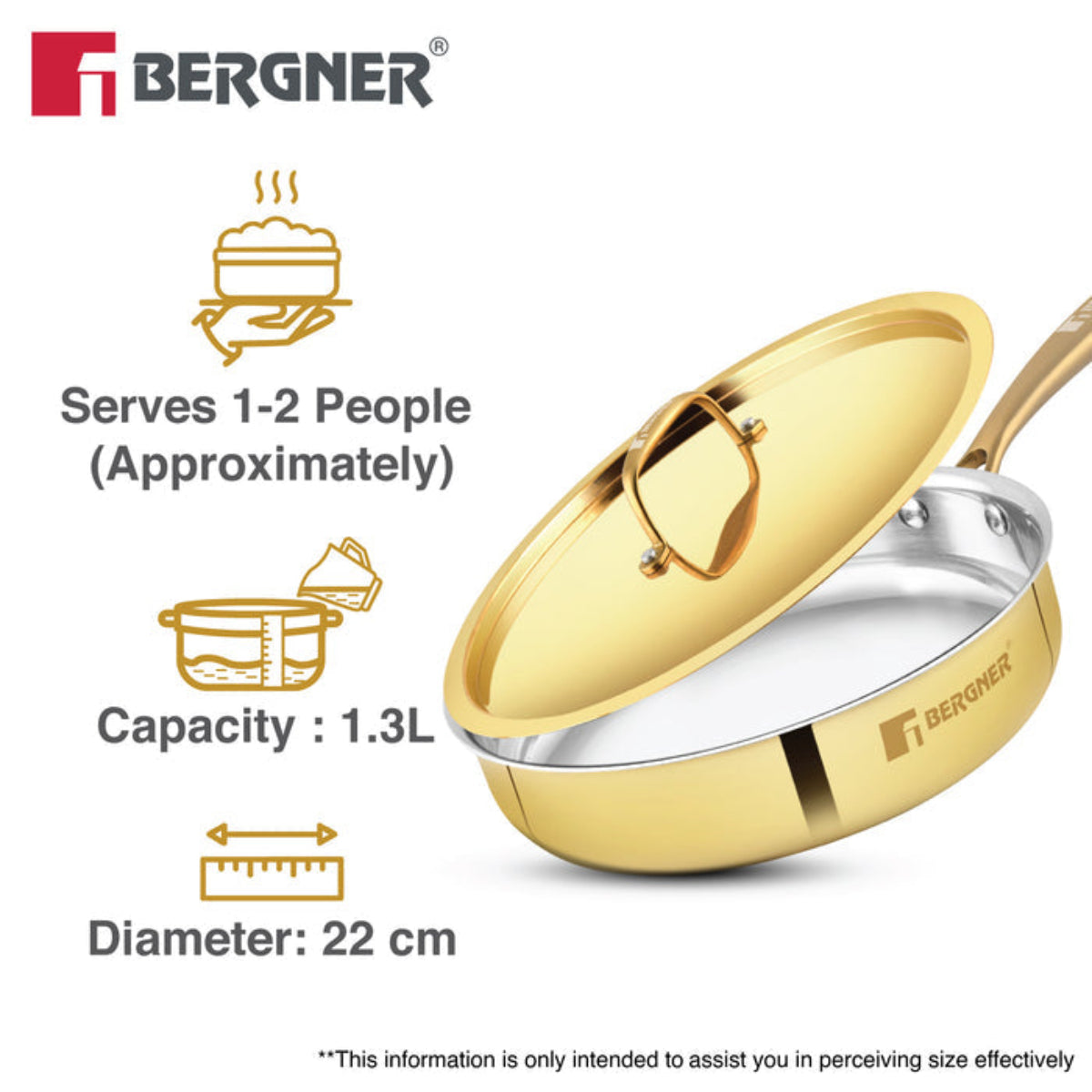 Bergner Peetlam Sautepan with Lid 22cm/1.3L, Traditional, Tin/Kalai Coated Brass