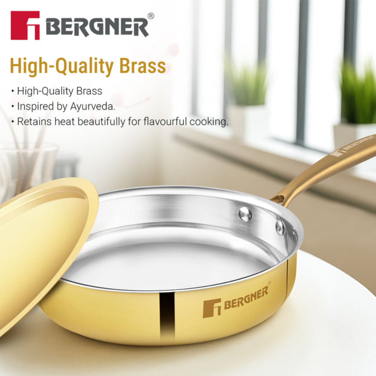 Bergner Peetlam Sautepan with Lid 22cm/1.3L, Traditional, Tin/Kalai Coated Brass