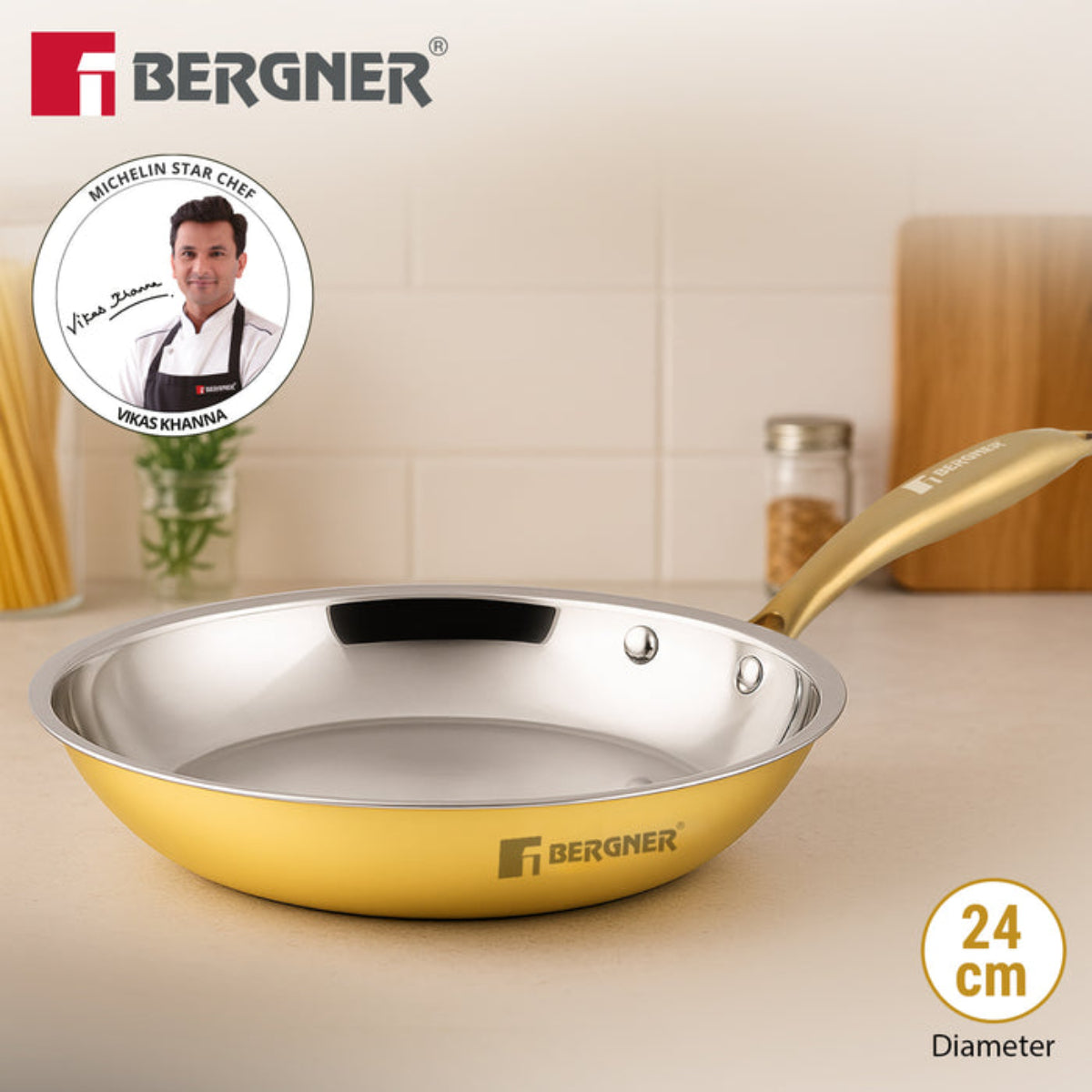 Bergner Peetlam Frypan 24cm/1L, Tin (Kalai) Coated, Traditional Brass Frying Pan