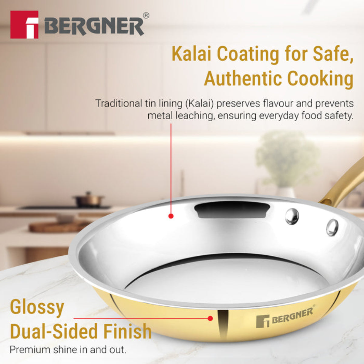 Bergner Peetlam Frypan 24cm/1L, Tin (Kalai) Coated, Traditional Brass Frying Pan