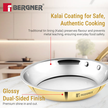 Bergner Peetlam Frypan 24cm/1L, Tin (Kalai) Coated, Traditional Brass Frying Pan
