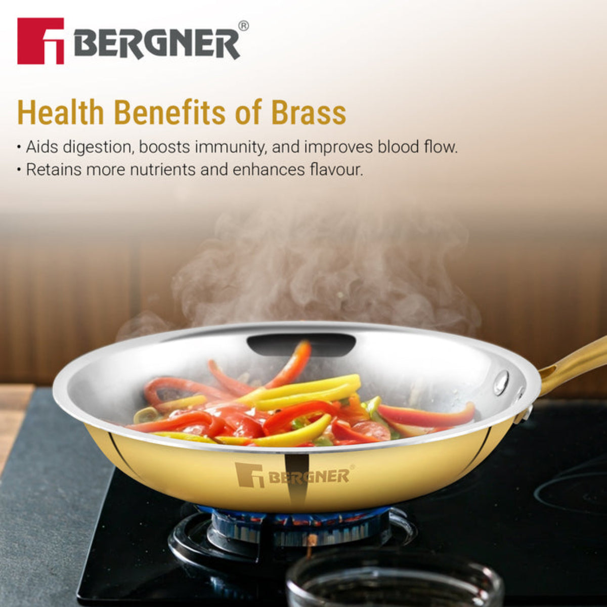 Bergner Peetlam Frypan 24cm/1L, Tin (Kalai) Coated, Traditional Brass Frying Pan