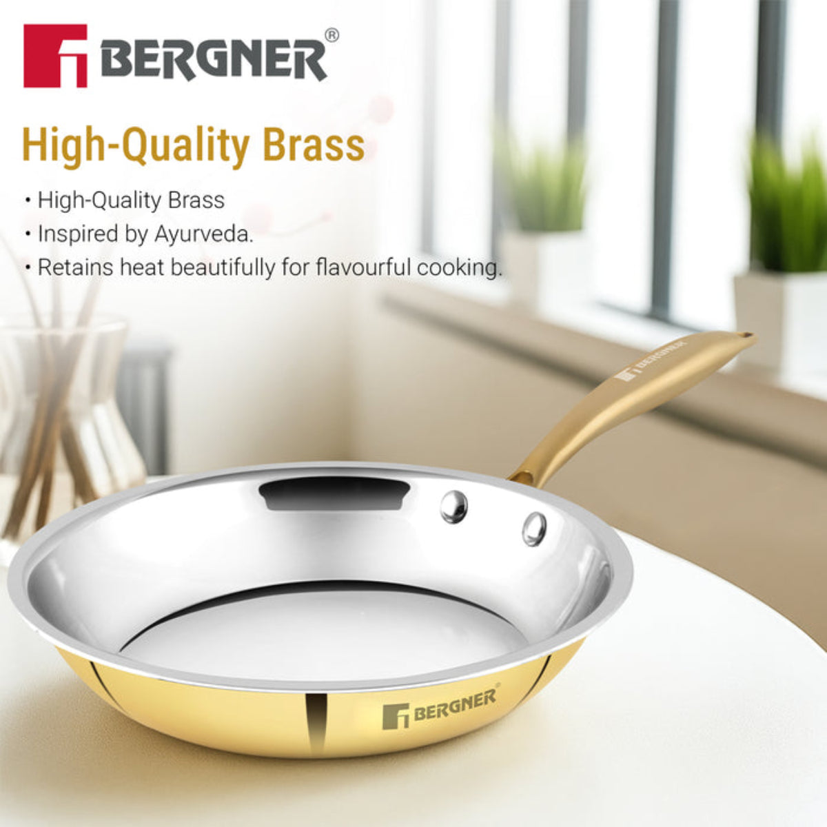 Bergner Peetlam Frypan 24cm/1L, Tin (Kalai) Coated, Traditional Brass Frying Pan