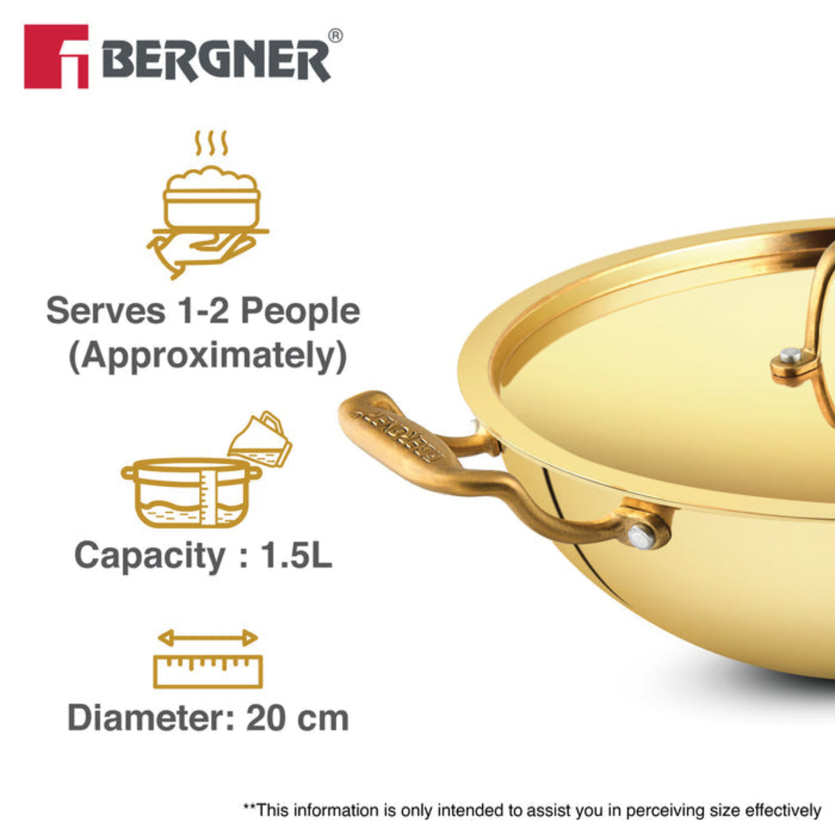Bergner Peetlam 20cm / 1.5L Kadai with Lid, Tin (Kalai) Coated Kadhai, Brass
