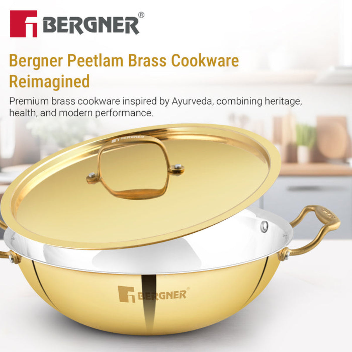 Bergner Peetlam 20cm / 1.5L Kadai with Lid, Tin (Kalai) Coated Kadhai, Brass