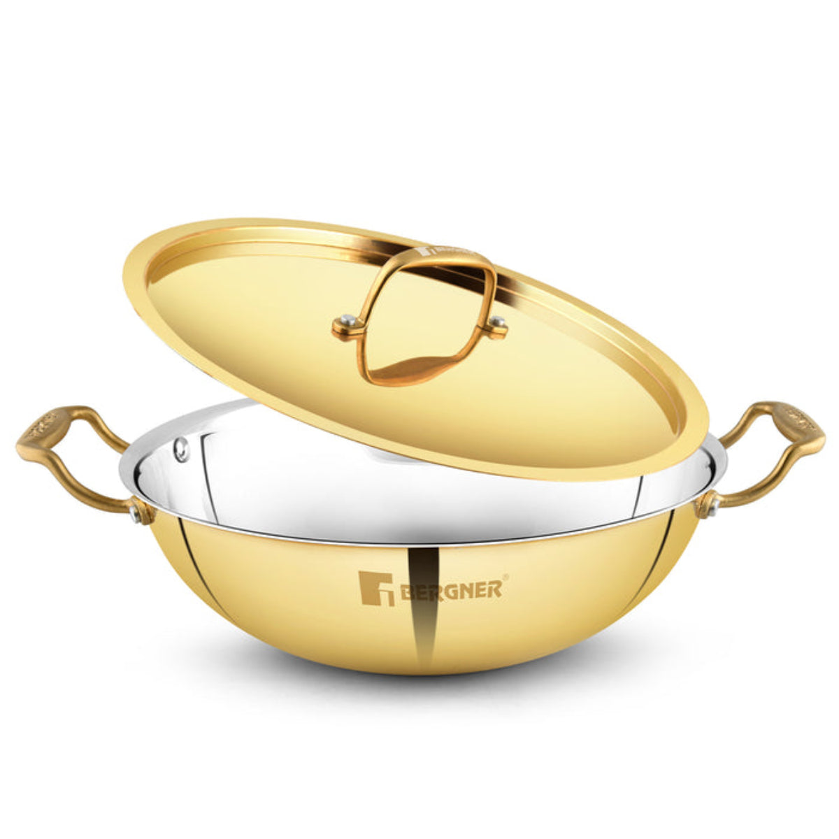 Bergner Peetlam 24cm / 2.5L Kadai with Lid, Tin (Kalai) Coated Kadhai, Brass