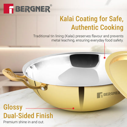 Bergner Peetlam 24cm / 2.5L Kadai with Lid, Tin (Kalai) Coated Kadhai, Brass