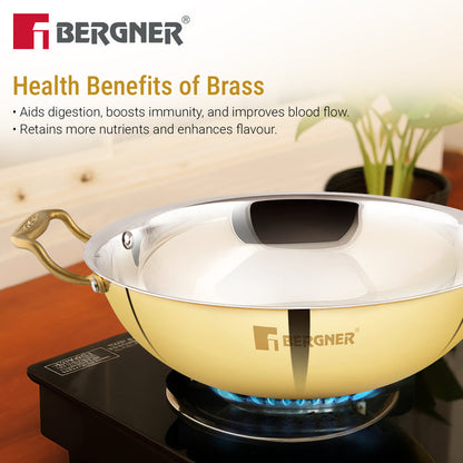 Bergner Peetlam 28cm / 4.3L Kadai with Lid, Tin (Kalai) Coated Kadhai, Brass